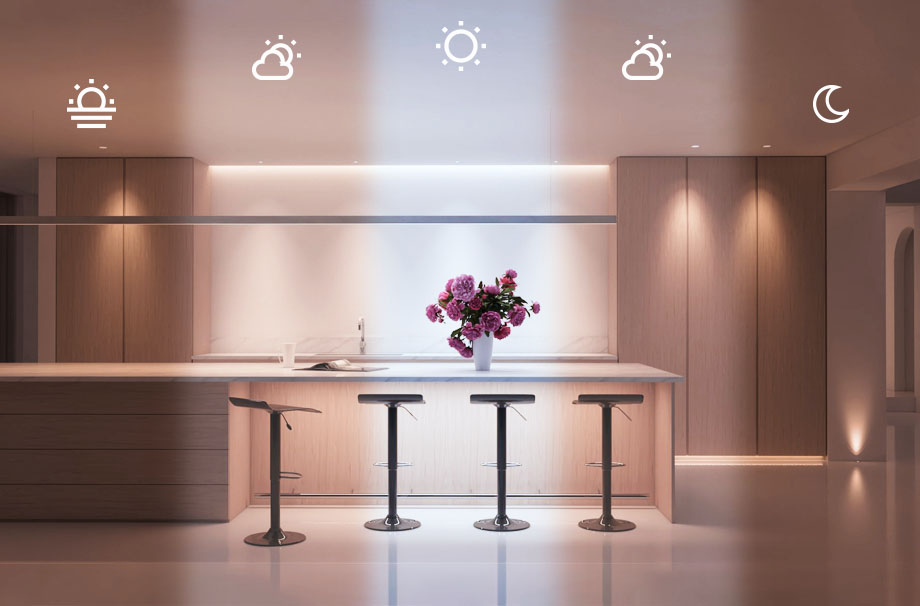 A minimalist contemporary kitchen with human centric lighting split into 5 sections, each one showing the different light temperature and brightness used for different parts of the day 