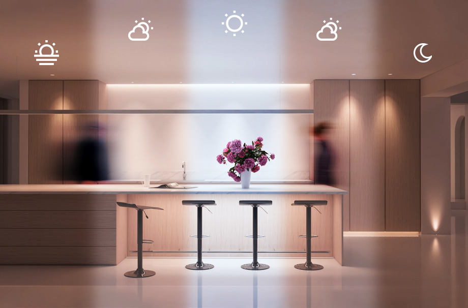 A minimalist contemporary kitchen with human centric lighting split into 5 sections, each one showing the different light temperature and brightness used for different parts of the day, with time-lapse blurred man and woman behind the kitchen island 
