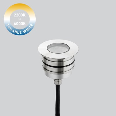 LLD Altea Maxi Round TW IP67 Uplight in stainless steel with tunable white 2200-4000K logo on grey background