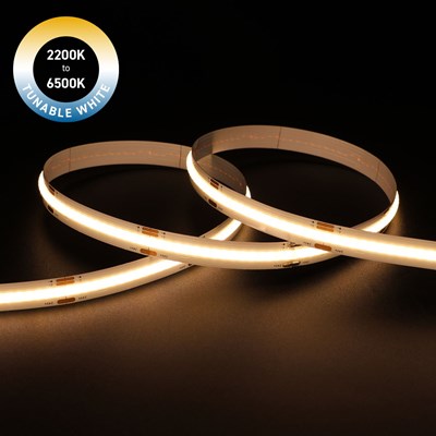 DLD Lightflow Tuneable White 2200K 6500K IP20 LED Tape with a soft glow on black background