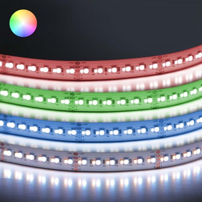 4 x DLD Lightflow RGBW 20W LED tapes with red, green, blue and white light on black background