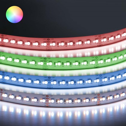 4 x DLD Lightflow RGBW 20W LED tapes with red, green, blue and white light on black background