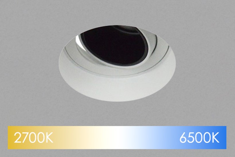 Tunable white lighting: a trimless plaster-in downlight with icon showing 2700K to 6500K changeable light temperature