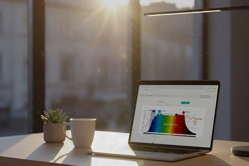 Full Spectrum HCL Lighting: laptop on desk in large window showing full spectrum reading 