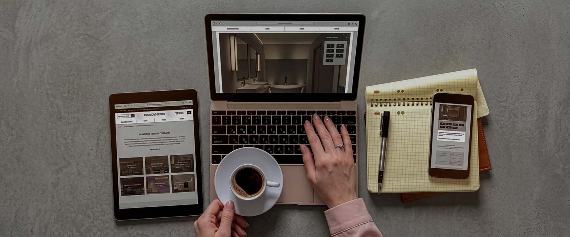 Trade Account: downward view of a female lighting professionals hands using Darklight Design website on her laptop and devices with a coffee and notepad