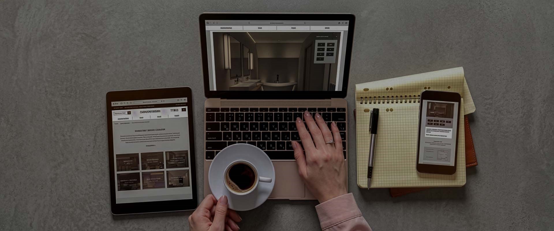Trade Account: downward view of a female lighting professionals hands using Darklight Design website on her laptop and devices with a coffee and notepad