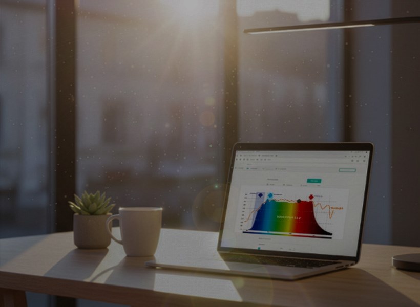 Full Spectrum HCL Lighting: laptop on desk in large window showing full spectrum reading 