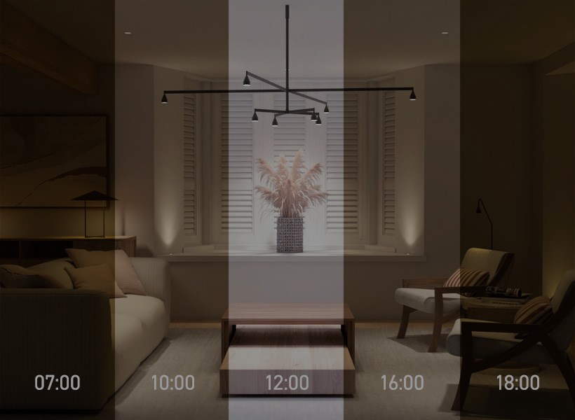 Tunable white lighting: a modern living room split into 5 sections to illustrate the different lighting temperatures for morning, mid-morning, noon, afternoon & evening